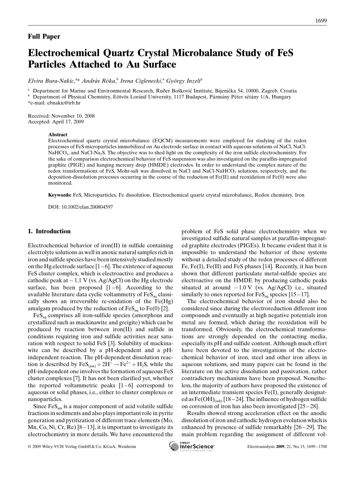 Electrochemical Quartz Crystal Microbalance Study of FeS Particles Attached to Au Surface by Unknown