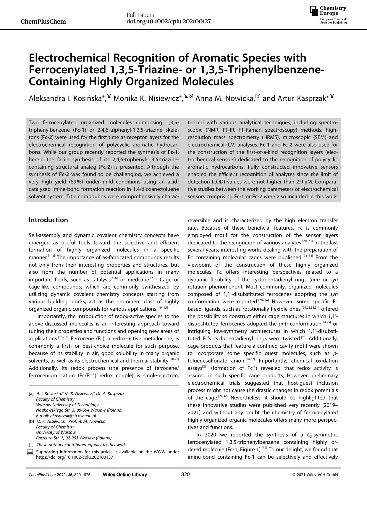 Electrochemical Recognition of Aromatic Species with Ferrocenylated 1,3,5âTriazineâ or 1,3,5âTriphenylbenzeneâContaining Highly Organized Molecules by Unknown