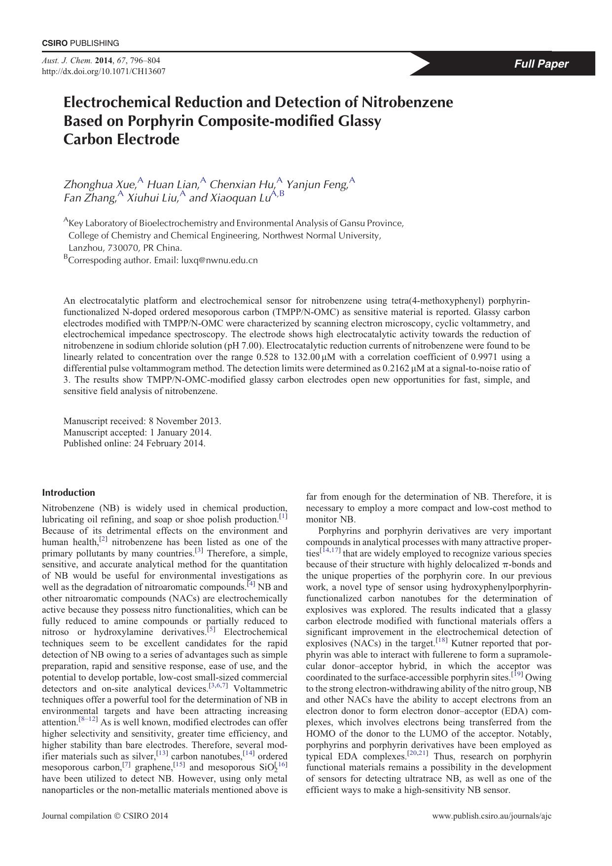Electrochemical Reduction and Detection of Nitrobenzene Based on Porphyrin Composite-modified Glassy Carbon Electrode by Z. Xue et al
