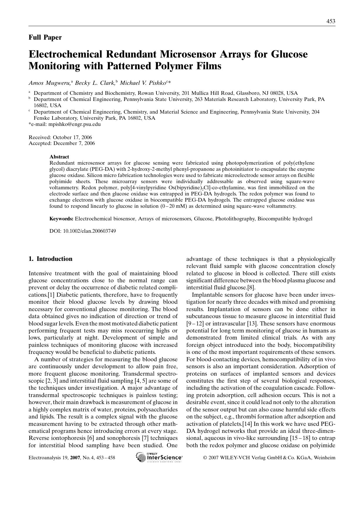 Electrochemical Redundant Microsensor Arrays for Glucose Monitoring with Patterned Polymer Films by Unknown