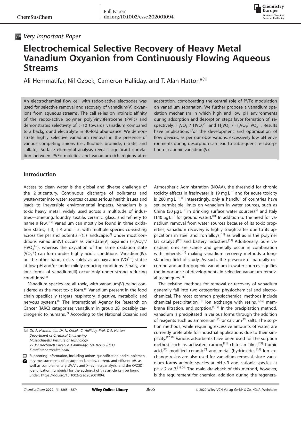 Electrochemical Selective Recovery of Heavy Metal Vanadium Oxyanion from Continuously Flowing Aqueous Streams by Unknown