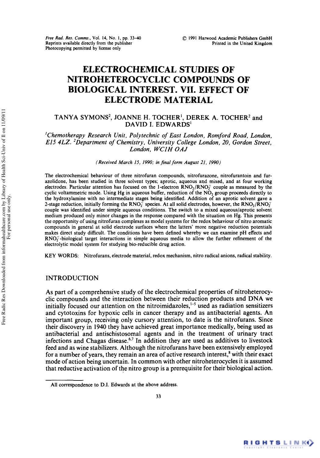 Electrochemical Studies of Nitroheterocyclic Compounds of Biological Interest. VII. Effect of Electrode Material by Tanya Symons2 Joanne H. Tocher1 Derek A. Tocher2 & David I. Edwards1