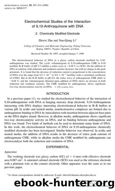 Electrochemical Studies of the Interaction of 9,10-Anthraquinone with DNA by Zhu Z. et al