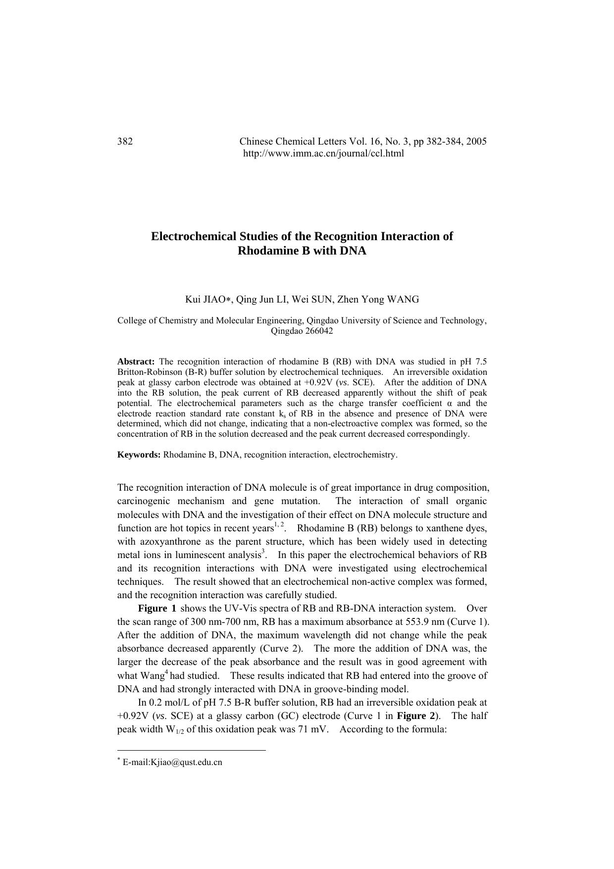 Electrochemical Studies of the Recognition Interaction of Rhodamine B with DNA by Administrator