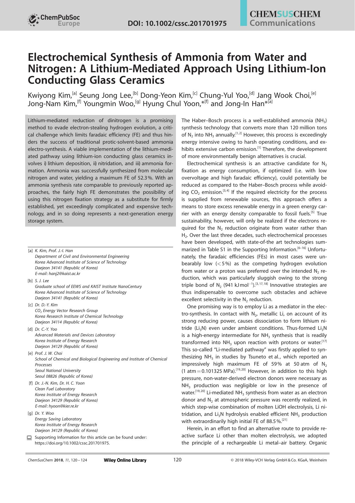 Electrochemical Synthesis of Ammonia from Water and Nitrogen: A LithiumâMediated Approach Using LithiumâIon Conducting Glass Ceramics by Unknown