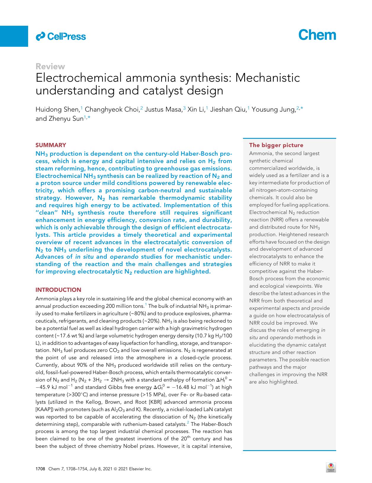 Electrochemical ammonia synthesis: Mechanistic understanding and catalyst design by Huidong Shen & Changhyeok Choi & Justus Masa & Xin Li & Jieshan Qiu & Yousung Jung & Zhenyu Sun