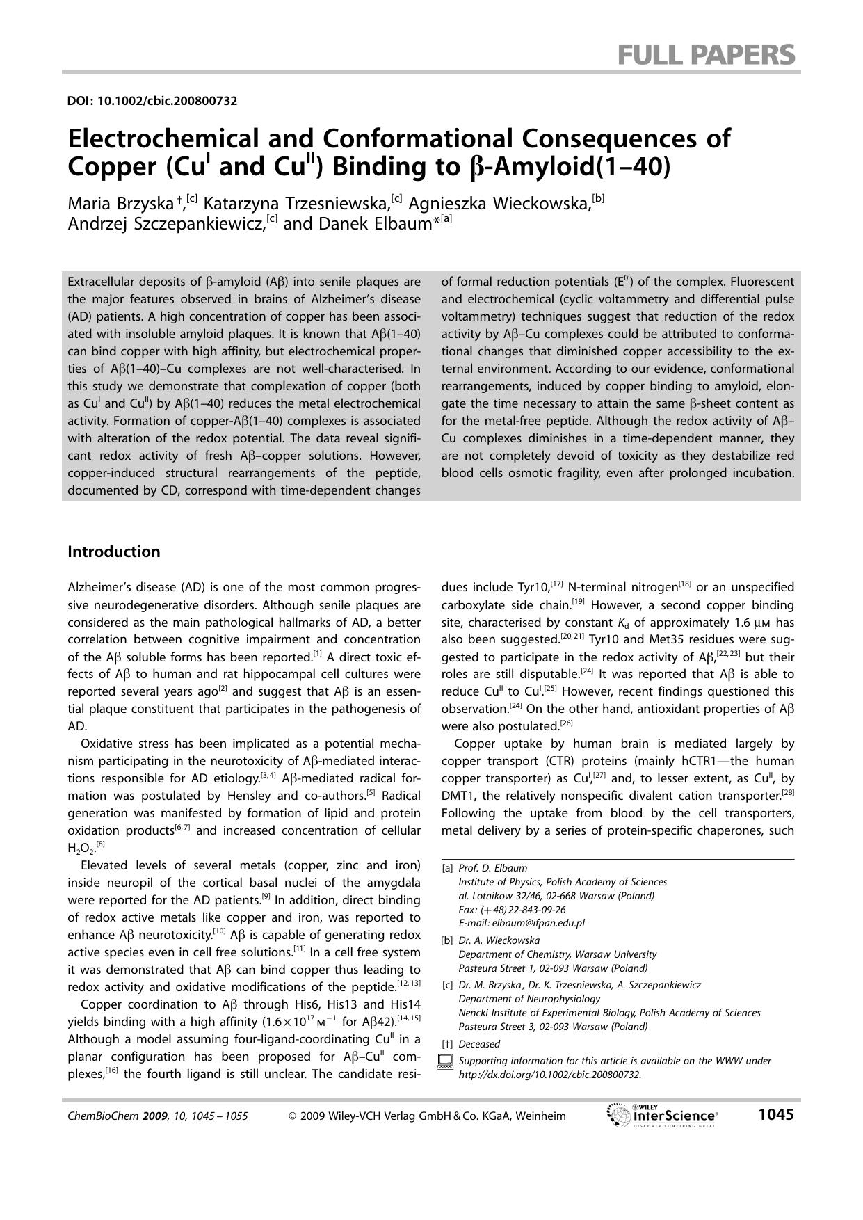Electrochemical and Conformational Consequences of Copper (CuI and CuII) Binding to [beta]-Amyloid(1-40) by Unknown