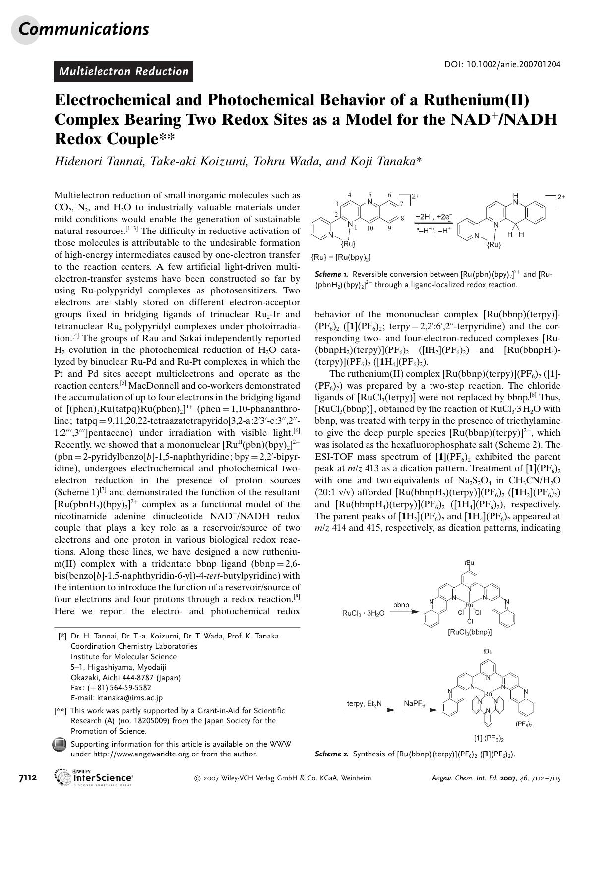 Electrochemical and Photochemical Behavior of a Ruthenium(II) Complex Bearing Two Redox Sites as a Model for the NAD+NADH Redox Couple by Unknown