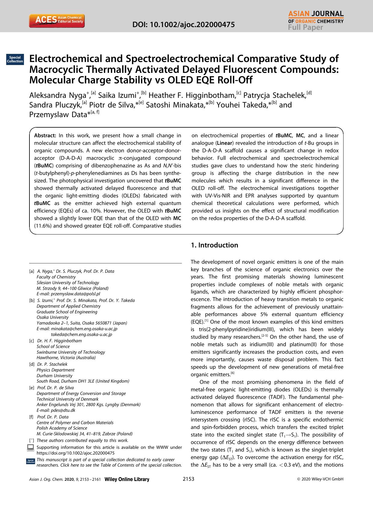 Electrochemical and Spectroelectrochemical Comparative Study of Macrocyclic Thermally Activated Delayed Fluorescent Compounds: Molecular Charge Stability vs OLED EQE RollâOff by Unknown