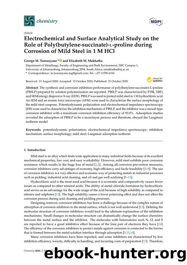 Electrochemical and Surface Analytical Study on the Role of Poly(butylene-succinate)-l-proline during Corrosion of Mild Steel in 1 M HCl by George M. Tsoeunyane & Elizabeth M. Makhatha