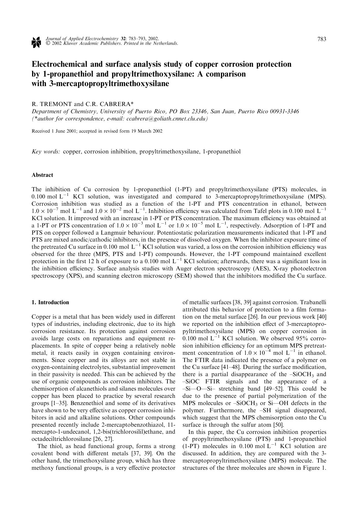 Electrochemical and surface analysis study of copper corrosion protection by 1-propanethiol and propyltrimethoxysilane: A comparison with 3-mercaptopropyltrimethoxysilane by Unknown
