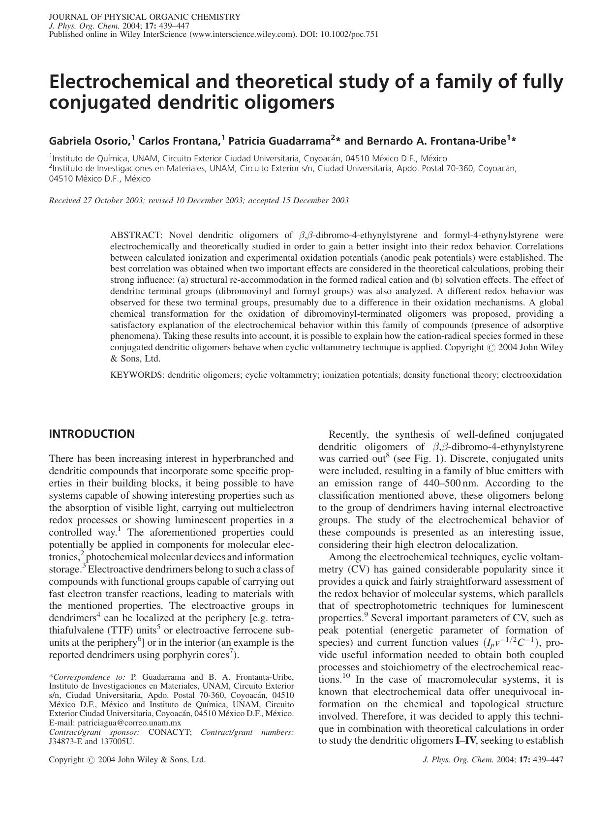 Electrochemical and theoretical study of a family of fully conjugated dendritic oligomers by Unknown