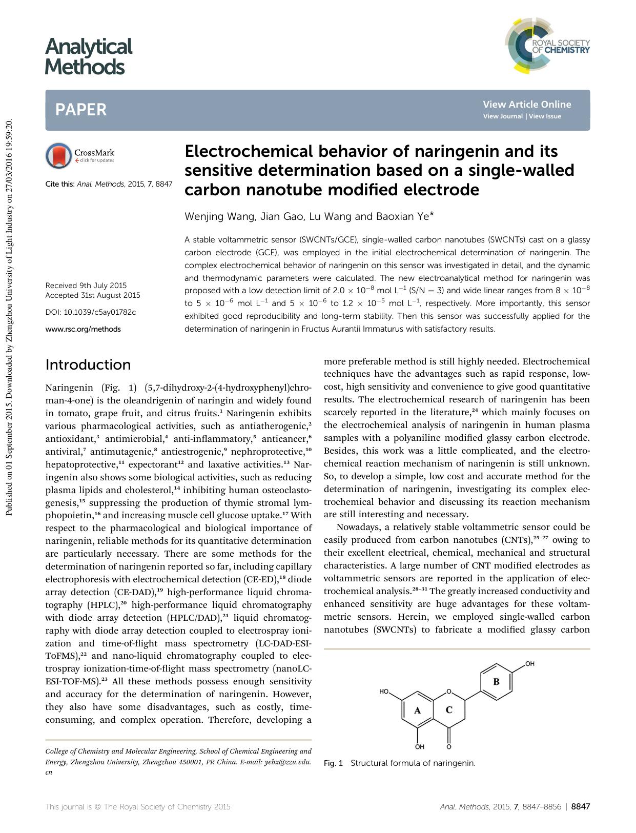 Electrochemical behavior of naringenin and its sensitive determination based on a single-walled carbon nanotube modified electrode by Wenjing Wang & Jian Gao & Lu Wang & Baoxian Ye