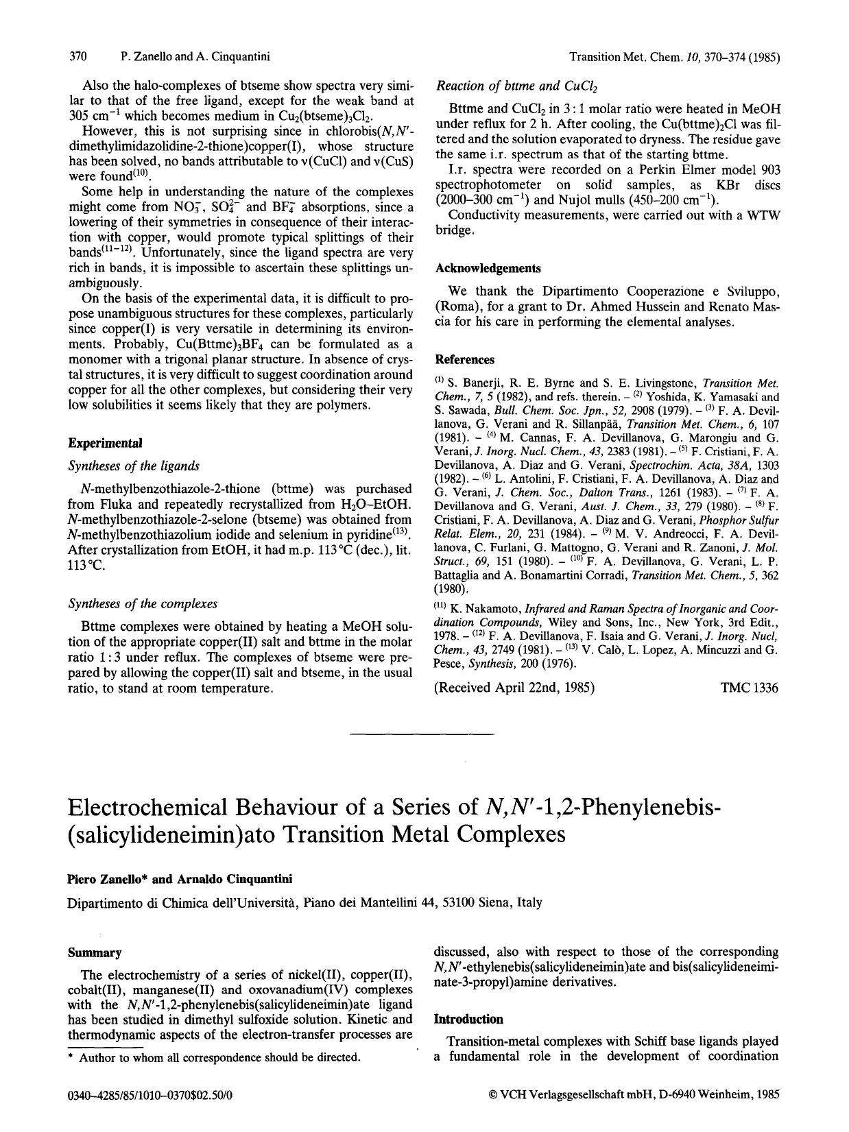 Electrochemical behaviour of a series of <Emphasis Type="Italic">N,N <Emphasis>&#x2032;-1,2-Phenylenebis(salicylideneimin)ato transition metal complexes by Unknown