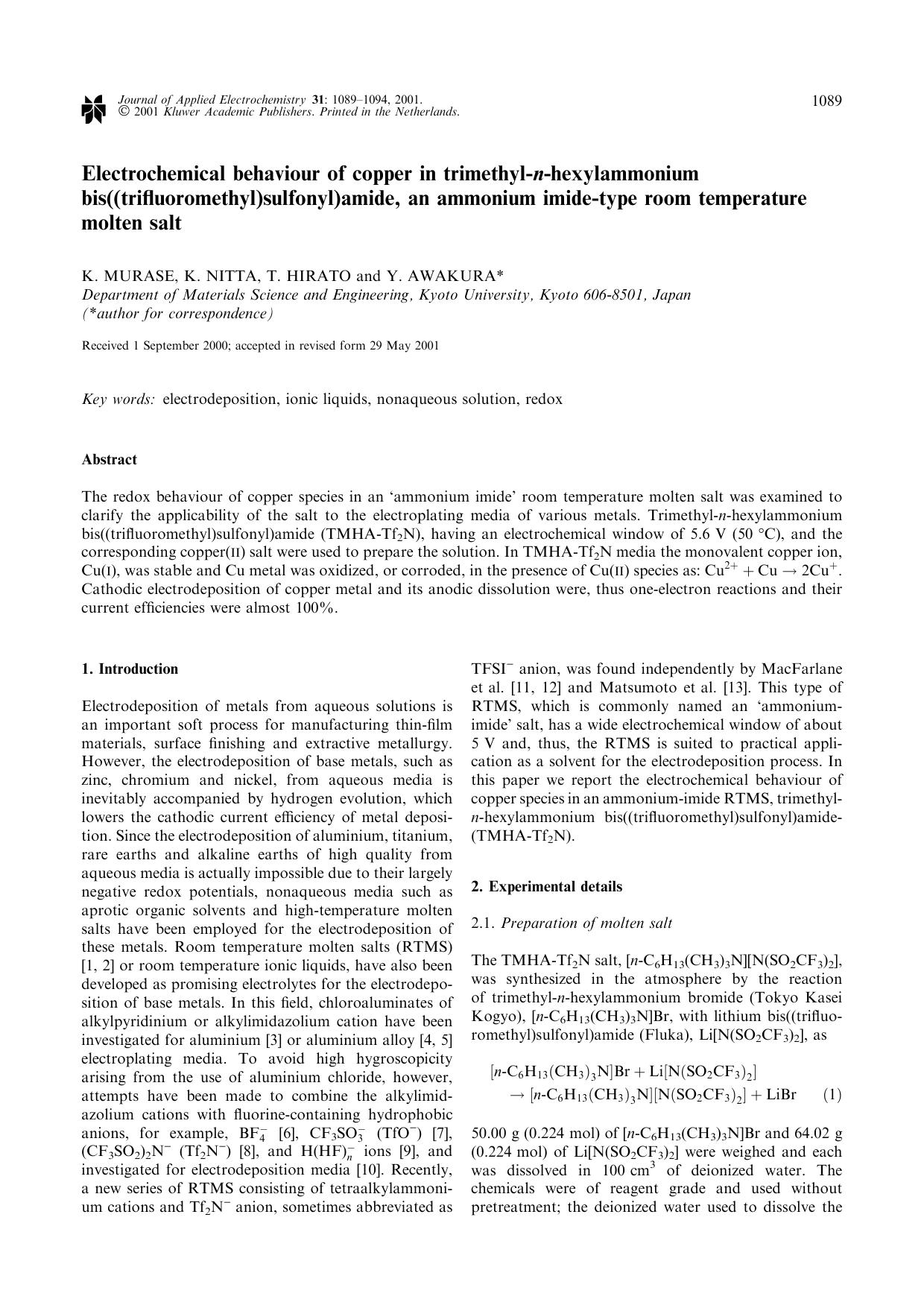 Electrochemical behaviour of copper in trimethyl-n-hexylammonium bis((trifluoromethyl)sulfonyl)amide, an ammonium imide-type room temperature molten salt by Unknown