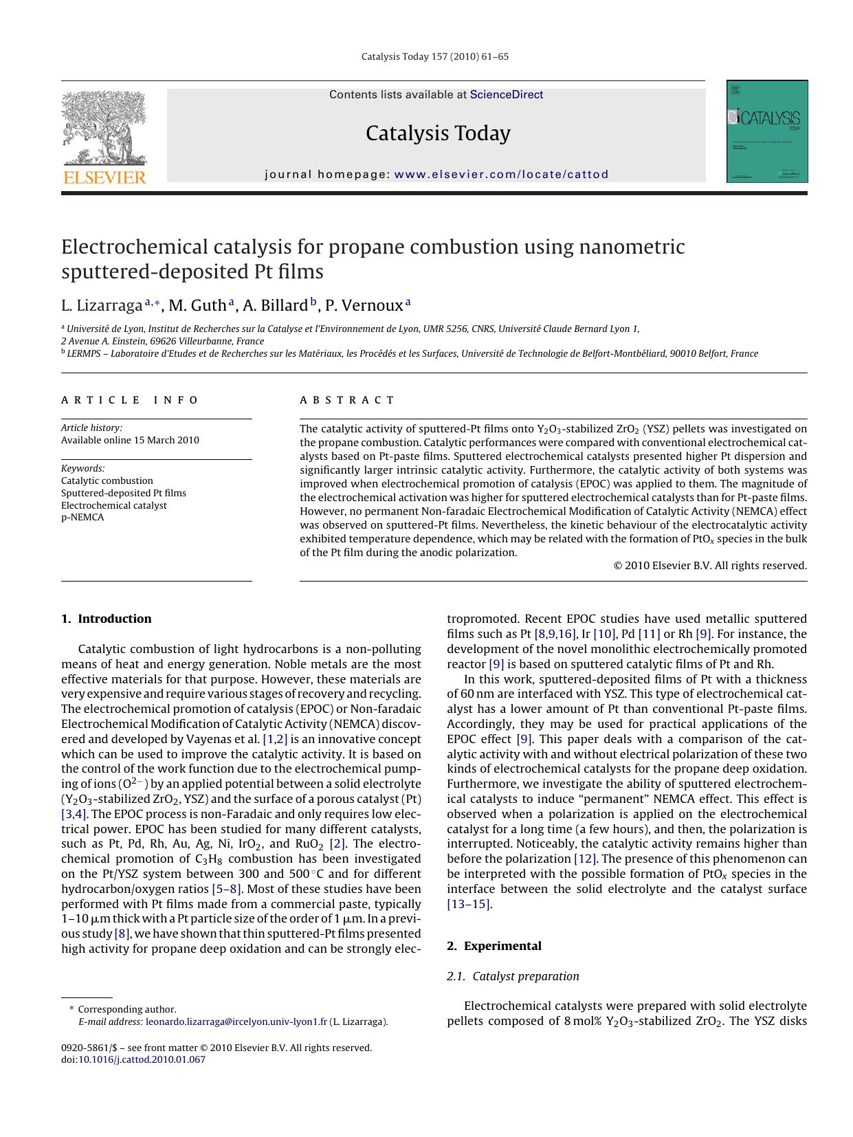 Electrochemical catalysis for propane combustion using nanometric sputtered-deposited Pt films by L. Lizarraga