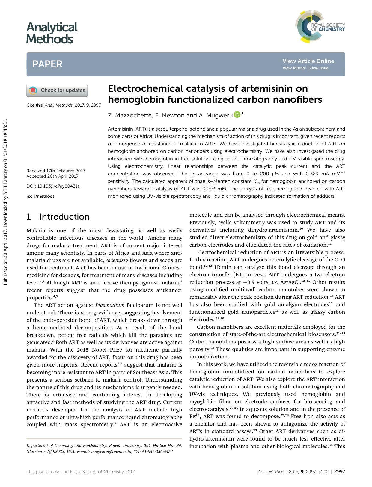 Electrochemical catalysis of artemisinin on hemoglobin functionalized carbon nanofibers by Z. Mazzochette & E. Newton & A. Mugweru