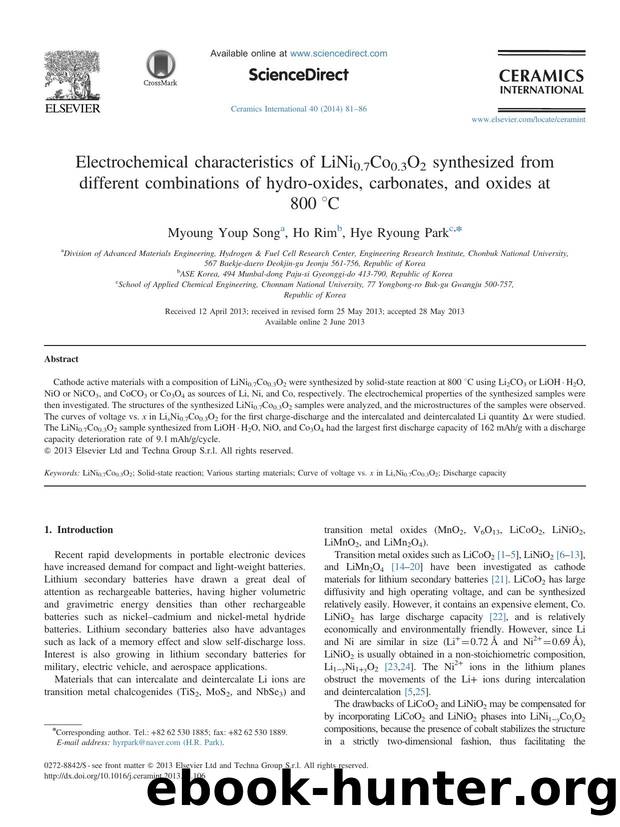 Electrochemical characteristics of LiNi0.7Co0.3O2 synthesized from different combinations of hydro-oxides, carbonates, and oxides at 800Â°C by Myoung Youp Song & Ho Rim & Hye Ryoung Park