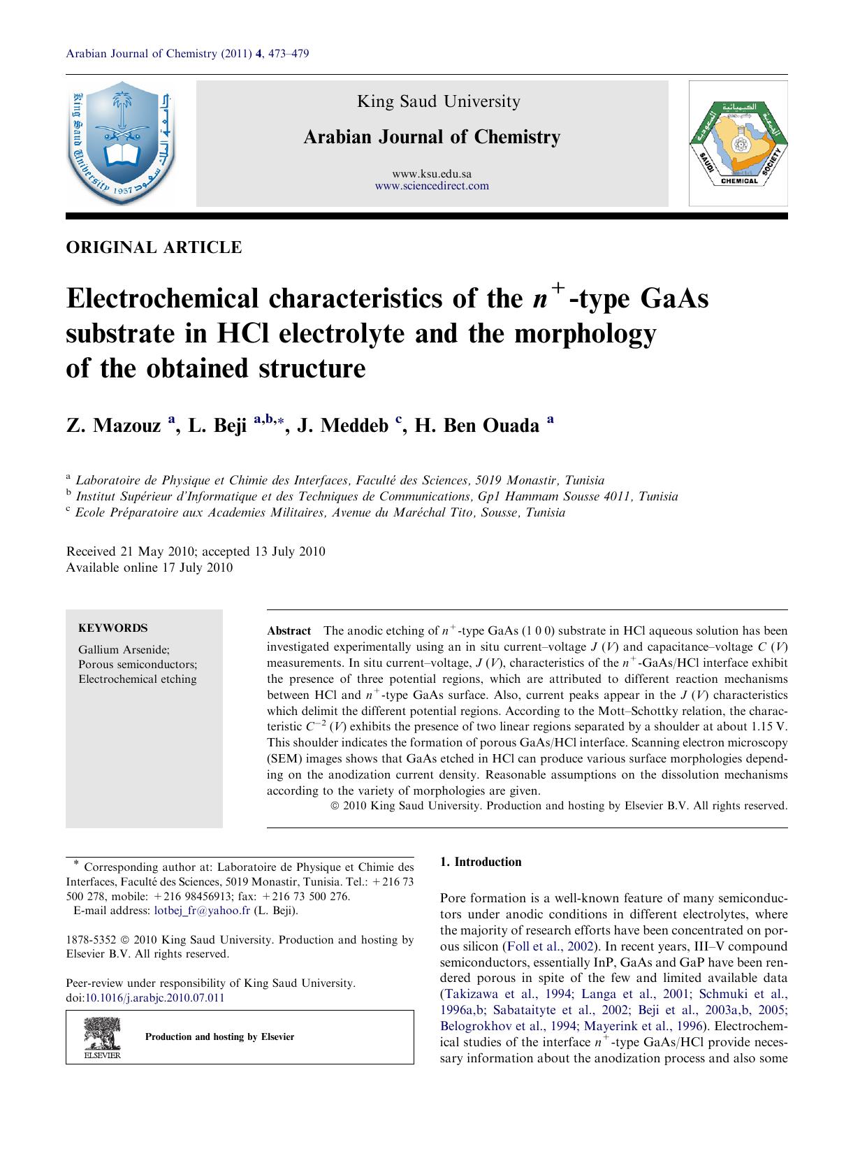 Electrochemical characteristics of the n+-type GaAs substrate in HCl electrolyte and the morphology of the obtained structure by Z. Mazouz & L. Beji & J. Meddeb & H. Ben Ouada