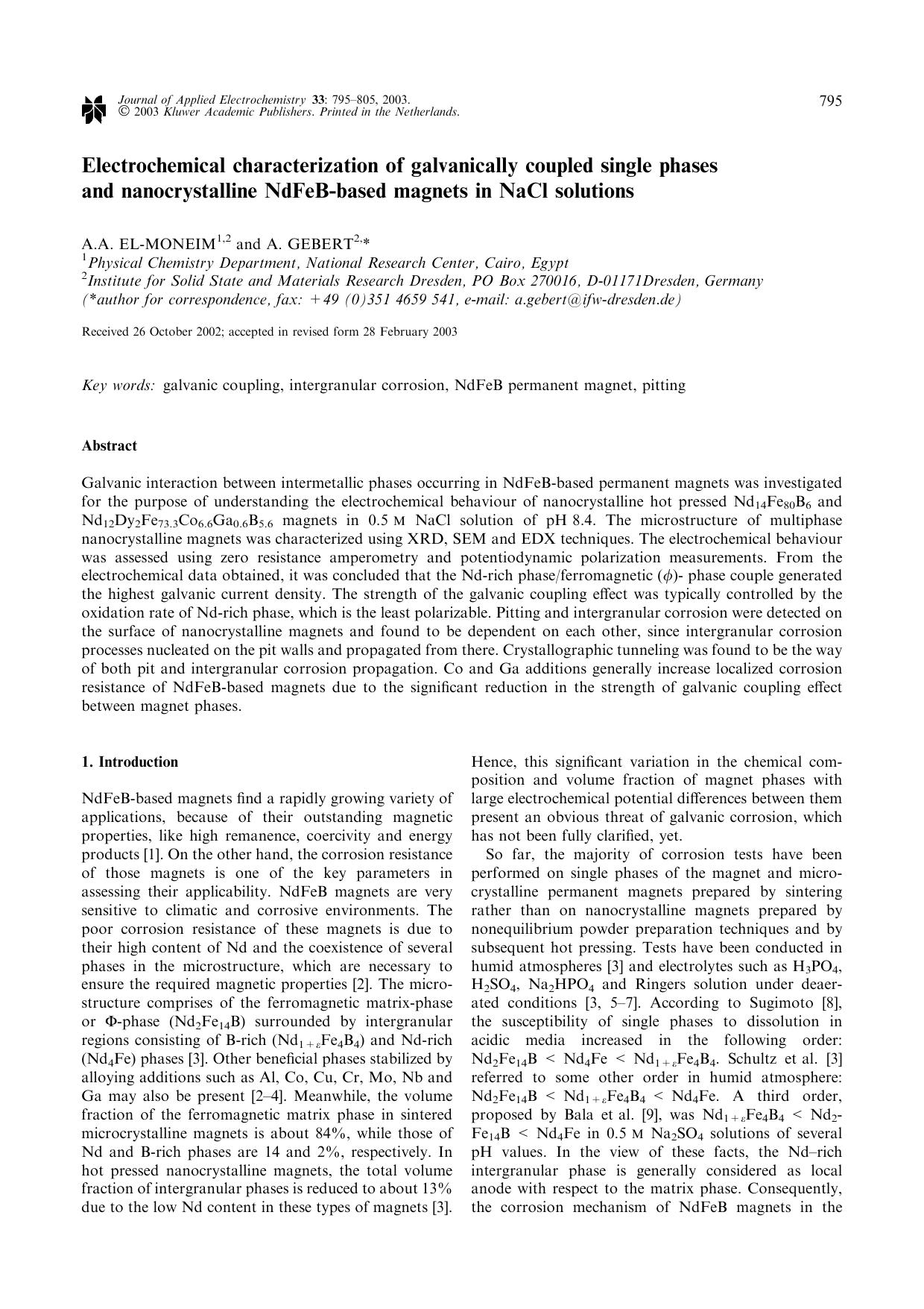 Electrochemical characterization of galvanically coupled single phases and nanocrystalline NdFeB-based magnets in NaCl solutions by Unknown