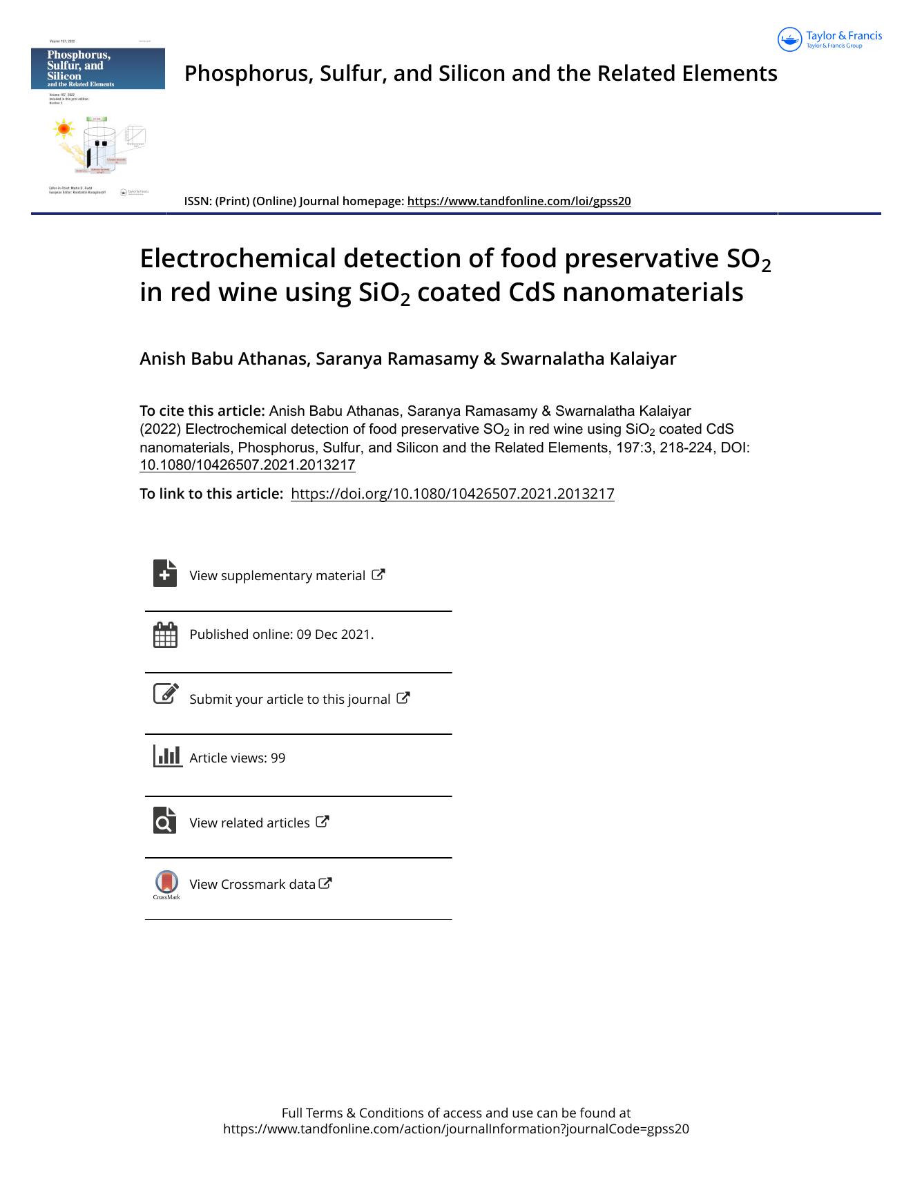 Electrochemical detection of food preservative SO2 in red wine using SiO2 coated CdS nanomaterials by Athanas Anish Babu & Ramasamy Saranya & Kalaiyar Swarnalatha