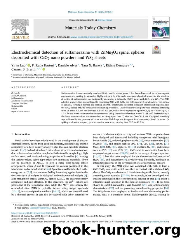 Electrochemical detection of sulfamerazine with ZnMn2O4 spinel spheres decorated with CeO2 nano powders and WS2 sheets by Yiran Luo & P. Rupa Kasturi & Daniele Alves & Tara N. Barwa & Eithne Dempsey & Carmel B. Breslin