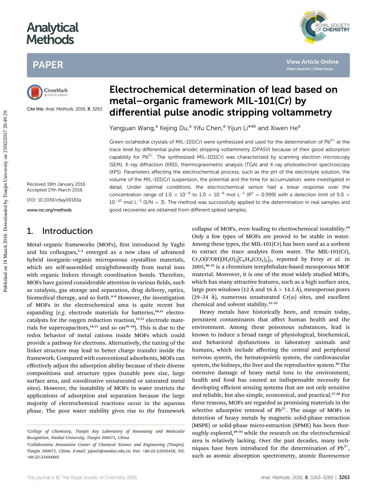 Electrochemical determination of lead based on metalâorganic framework MIL-101(Cr) by differential pulse anodic stripping voltammetry by Yangjuan Wang & Kejing Du & Yifu Chen & Yijun Li & Xiwen He