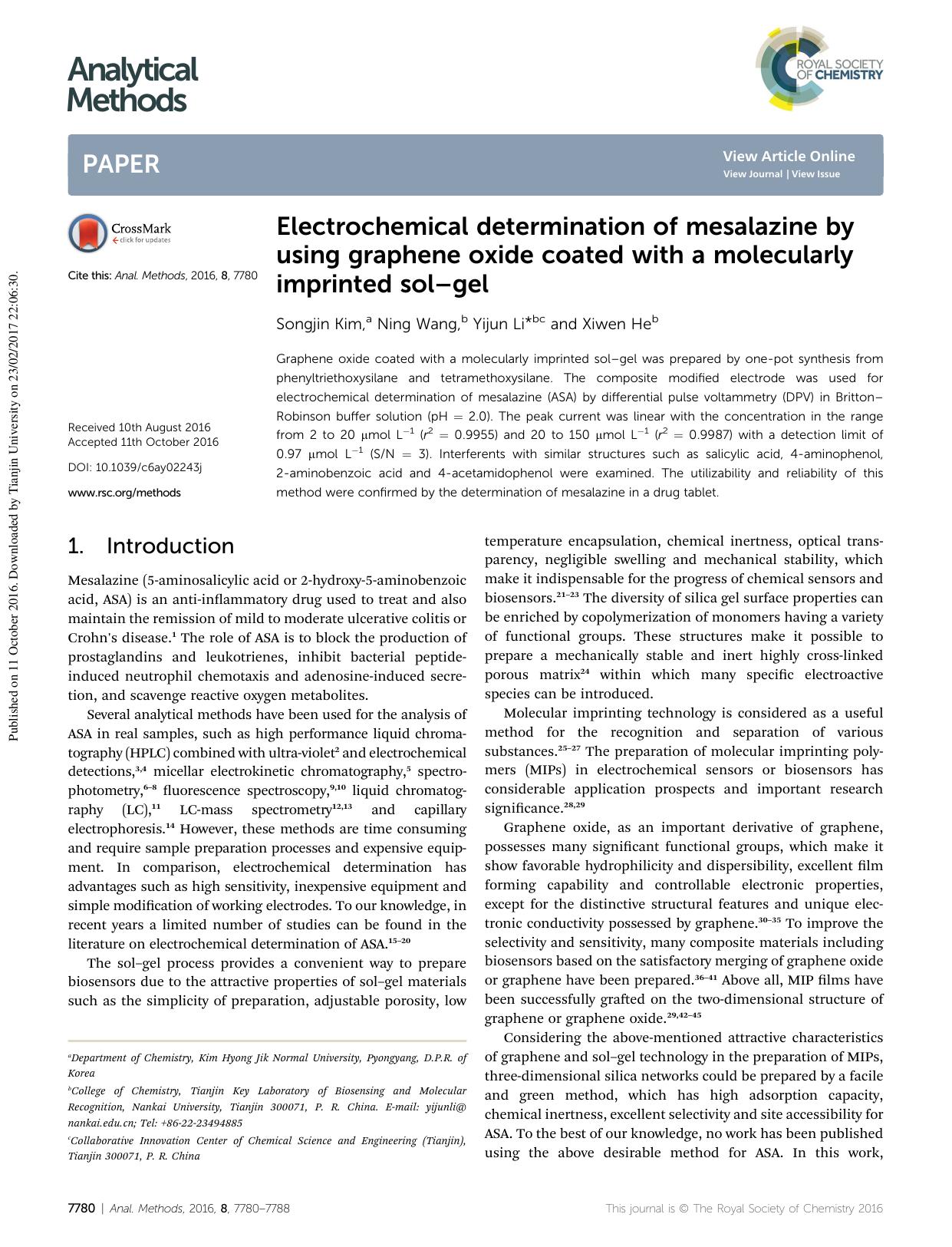Electrochemical determination of mesalazine by using graphene oxide coated with a molecularly imprinted solâgel by Songjin Kim & Ning Wang & Yijun Li & Xiwen He
