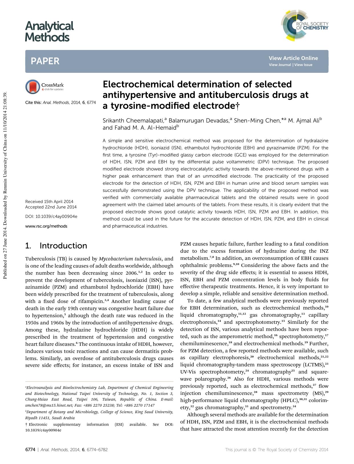 Electrochemical determination of selected antihypertensive and antituberculosis drugs at a tyrosine-modified electrode by Srikanth Cheemalapati & Balamurugan Devadas & Shen-Ming Chen & M. Ajmal Ali & Fahad M. A. Al-Hemaid
