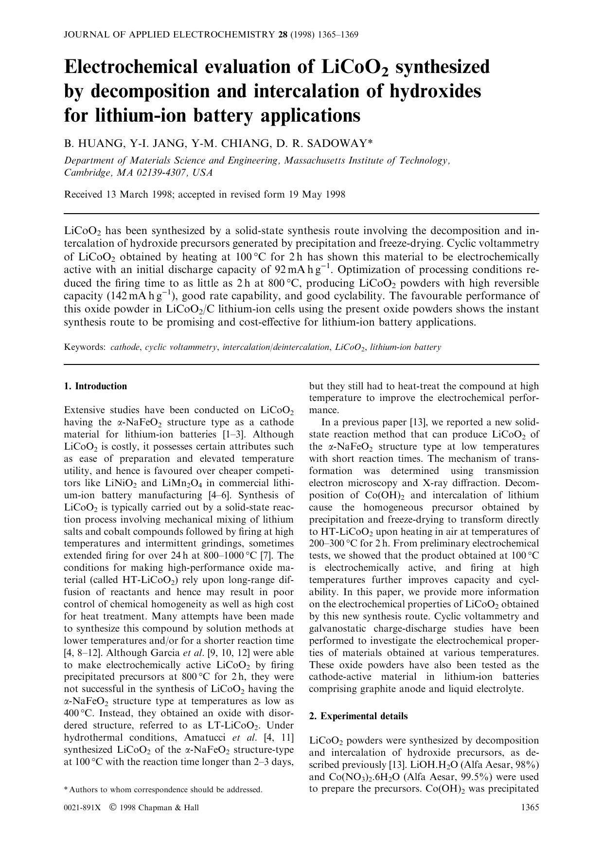 Electrochemical evaluation of LiCoO2 synthesized by decomposition and intercalation of hydroxides for lithium-ion battery applications by Unknown