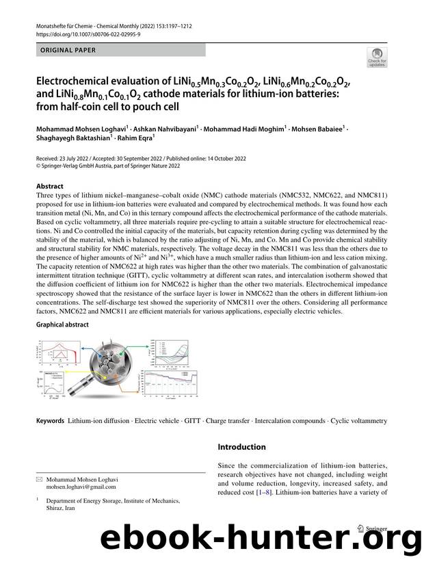 Electrochemical evaluation of LiNi0.5Mn0.3Co0.2O2, LiNi0.6Mn0.2Co0.2O2, and LiNi0.8Mn0.1Co0.1O2 cathode materials for lithium-ion batteries: from half-coin cell to pouch cell by unknow