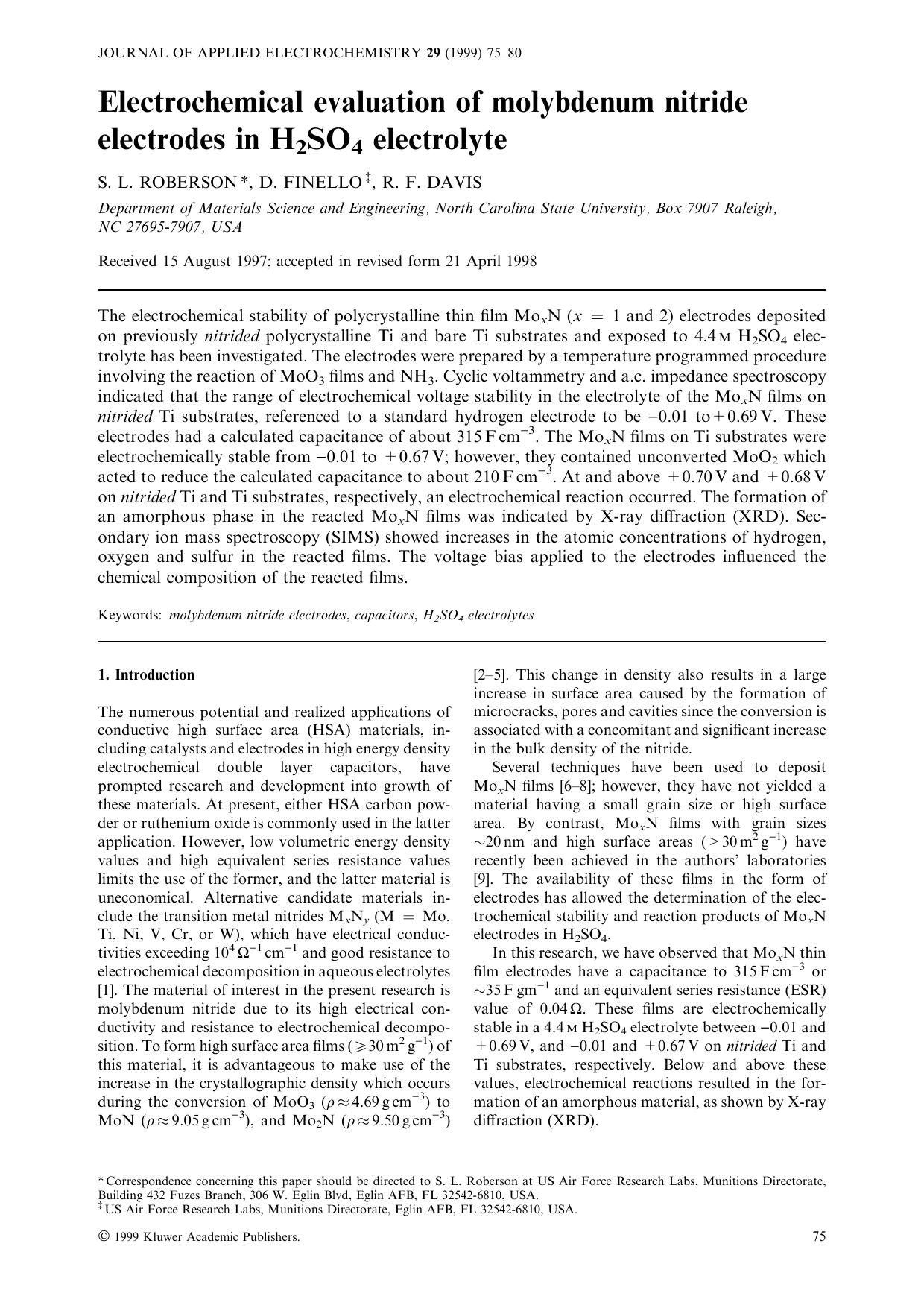 Electrochemical evaluation of molybdenum nitride electrodes in H2SO4 electrolyte by Unknown
