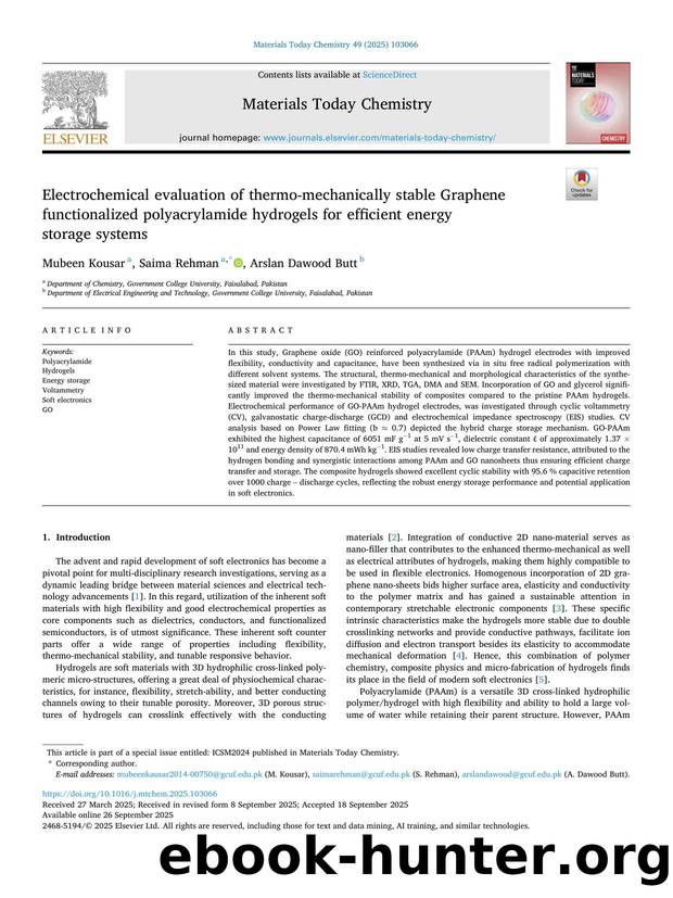 Electrochemical evaluation of thermo-mechanically stable Graphene functionalized polyacrylamide hydrogels for efficient energy storage systems by Mubeen Kousar & Saima Rehman & Arslan Dawood Butt