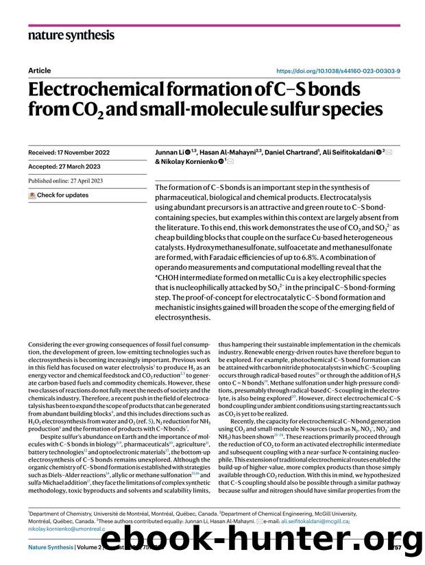 Electrochemical formation of CâS bonds from CO2 and small-molecule sulfur species by Junnan Li & Hasan Al-Mahayni & Daniel Chartrand & Ali Seifitokaldani & Nikolay Kornienko