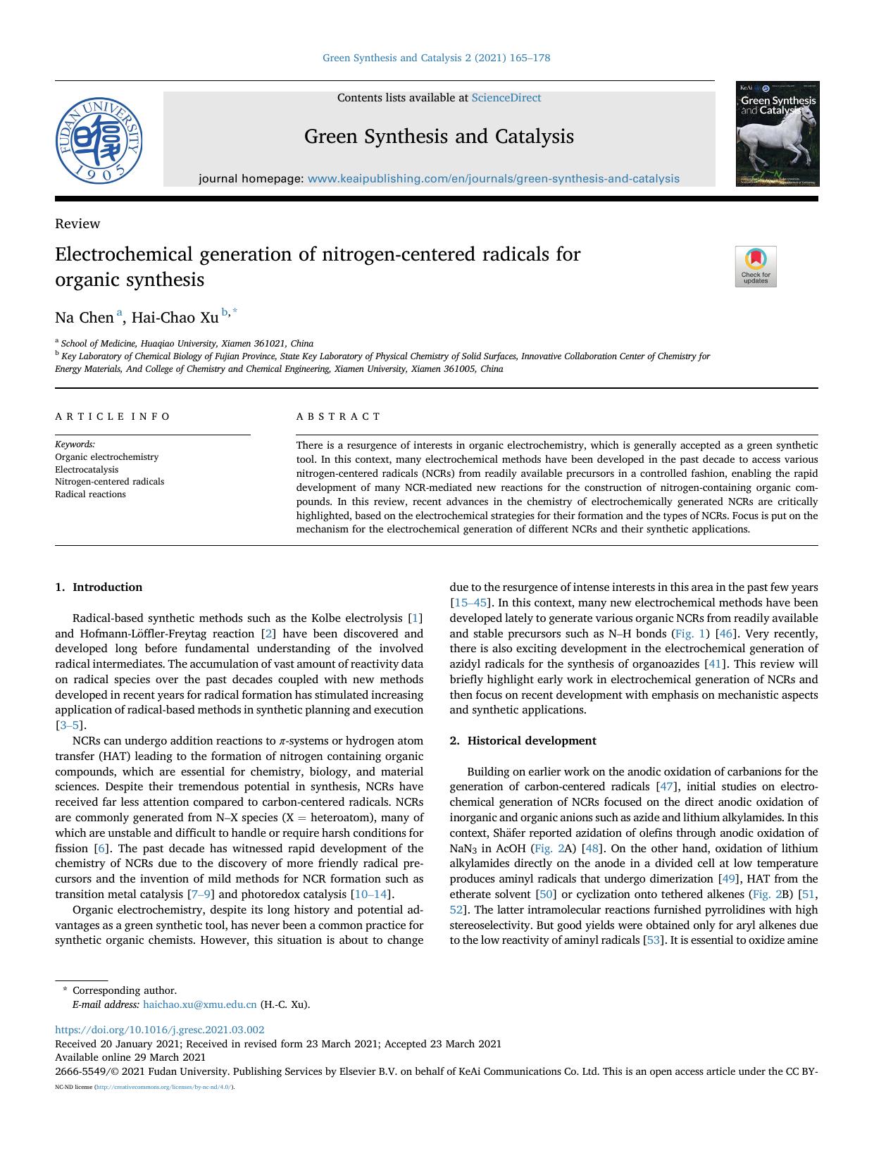 Electrochemical generation of nitrogen-centered radicals for organic synthesis by Na Chen & Hai-Chao Xu