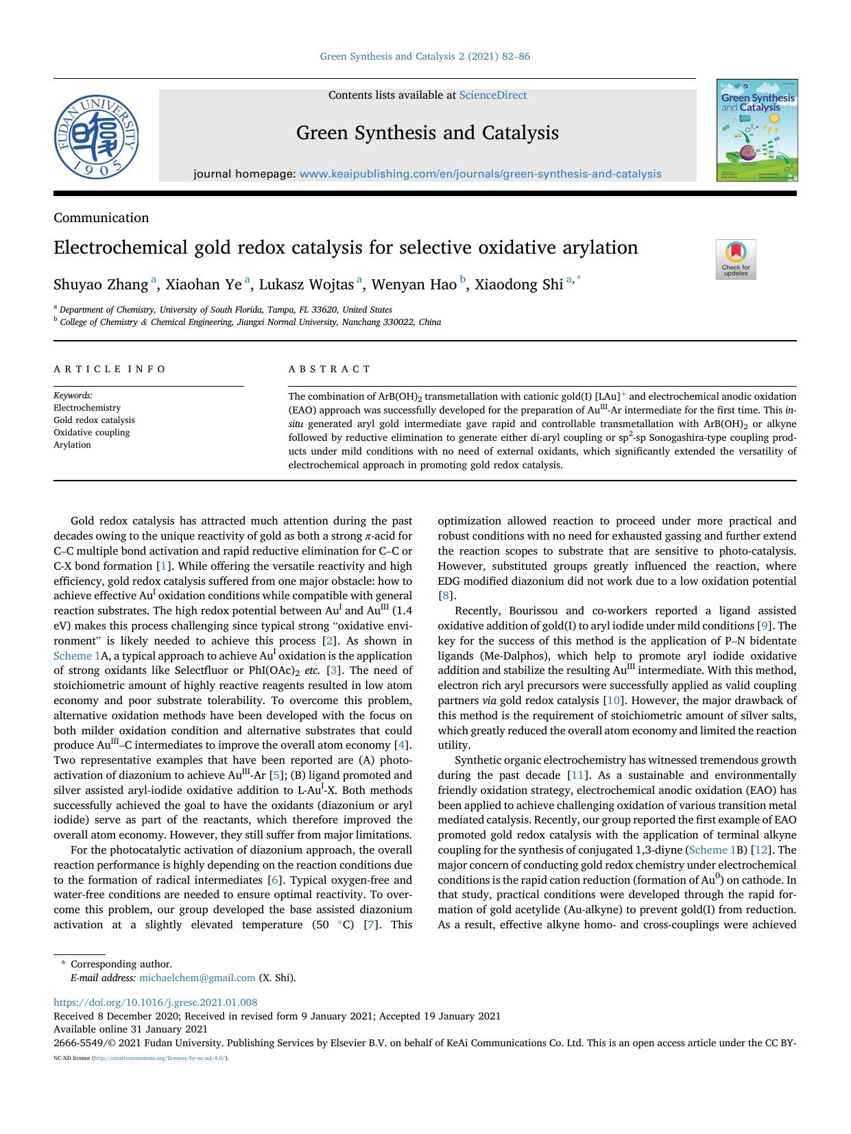 Electrochemical gold redox catalysis for selective oxidative arylation by Shuyao Zhang & Xiaohan Ye & Lukasz Wojtas & Wenyan Hao & Xiaodong Shi