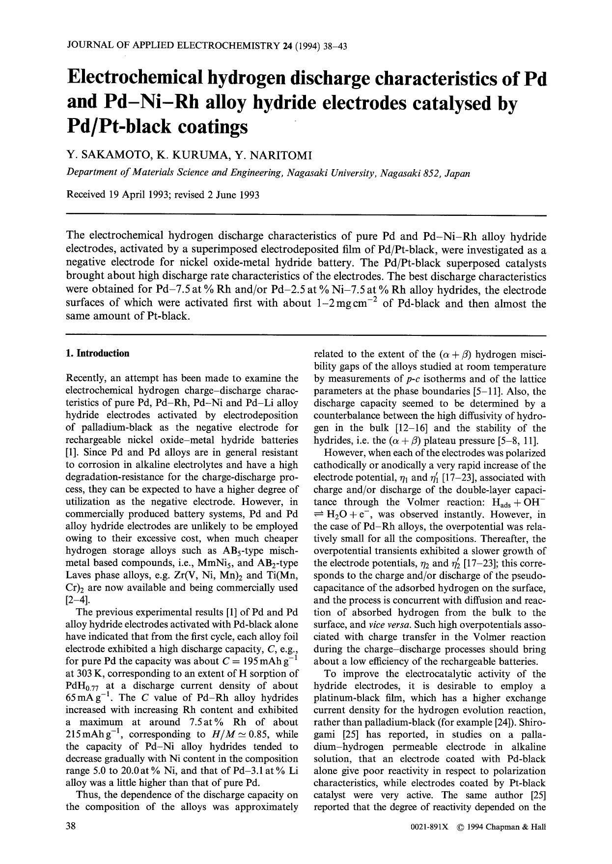 Electrochemical hydrogen discharge characteristics of Pd and Pd-Ni-Rh alloy hydride electrodes catalysed by PdPt-black coatings by Unknown