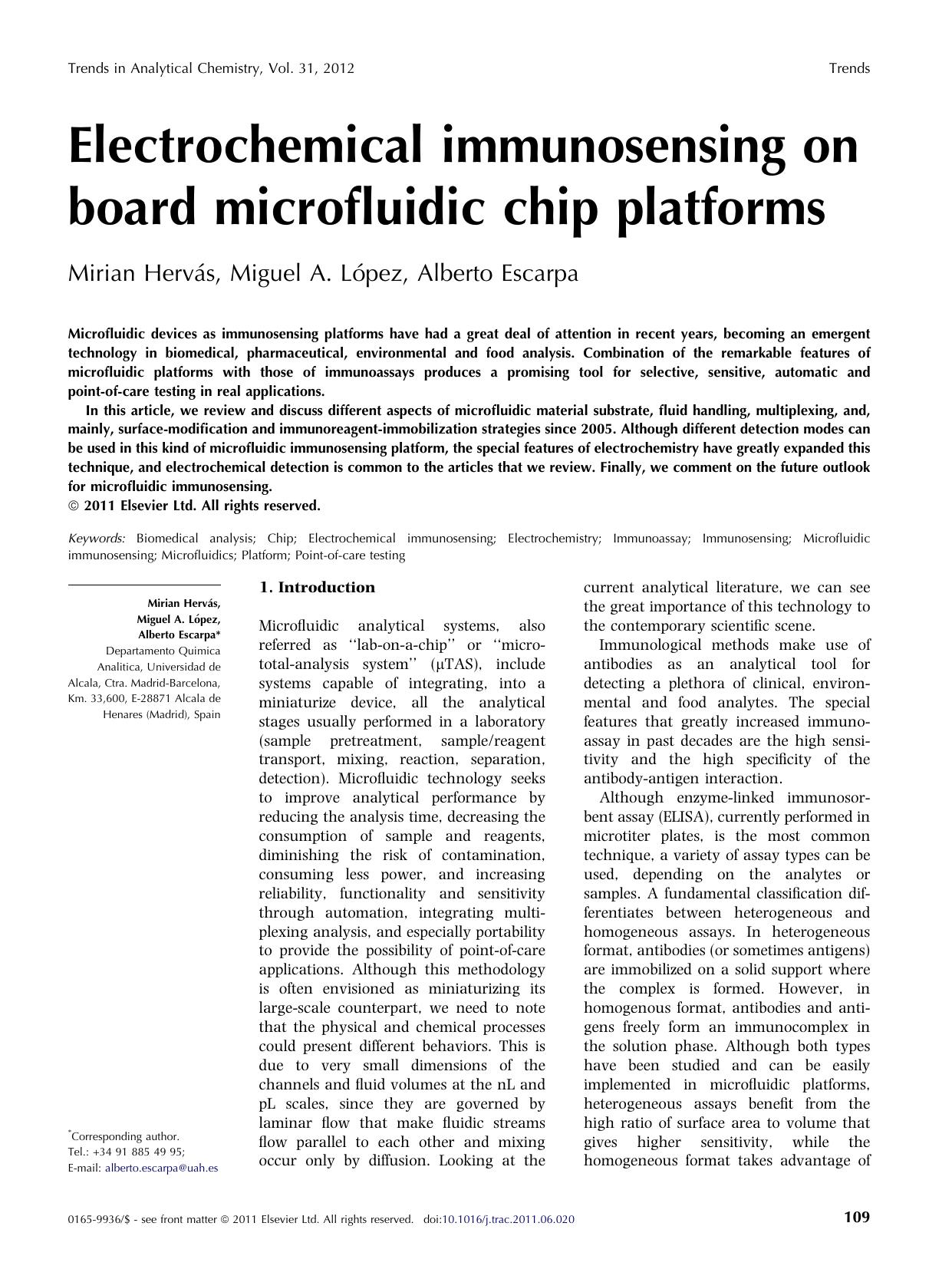 Electrochemical immunosensing on board microfluidic chip platforms by Mirian HervÃ¡s & Miguel A. López & Alberto Escarpa
