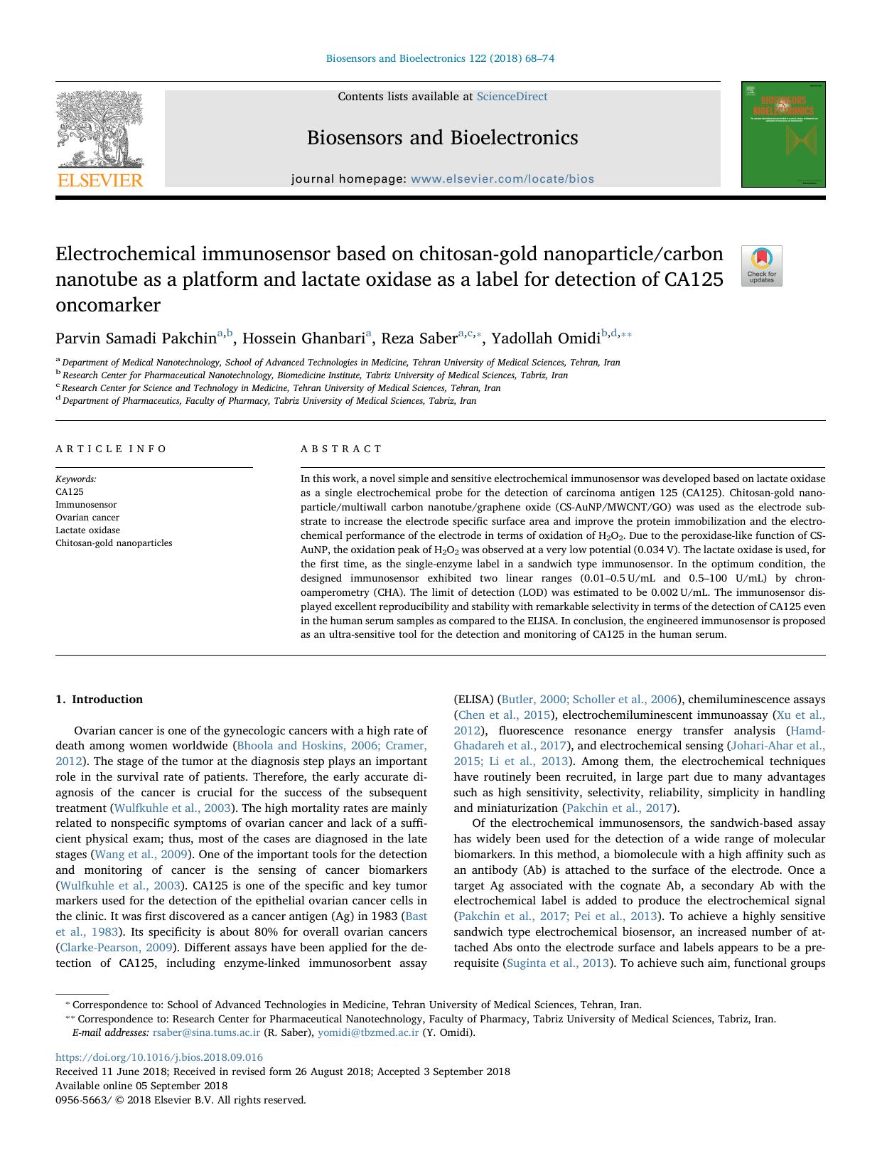 Electrochemical immunosensor based on chitosan-gold nanoparticlecarbon nanotube as a ï»¿platform and lactate oxidase as a ï»¿label for detection of CA125 oncomarkerï»¿ by Parvin Samadi Pakchin & Hossein Ghanbari & Reza Saber & Yadollah Omidi