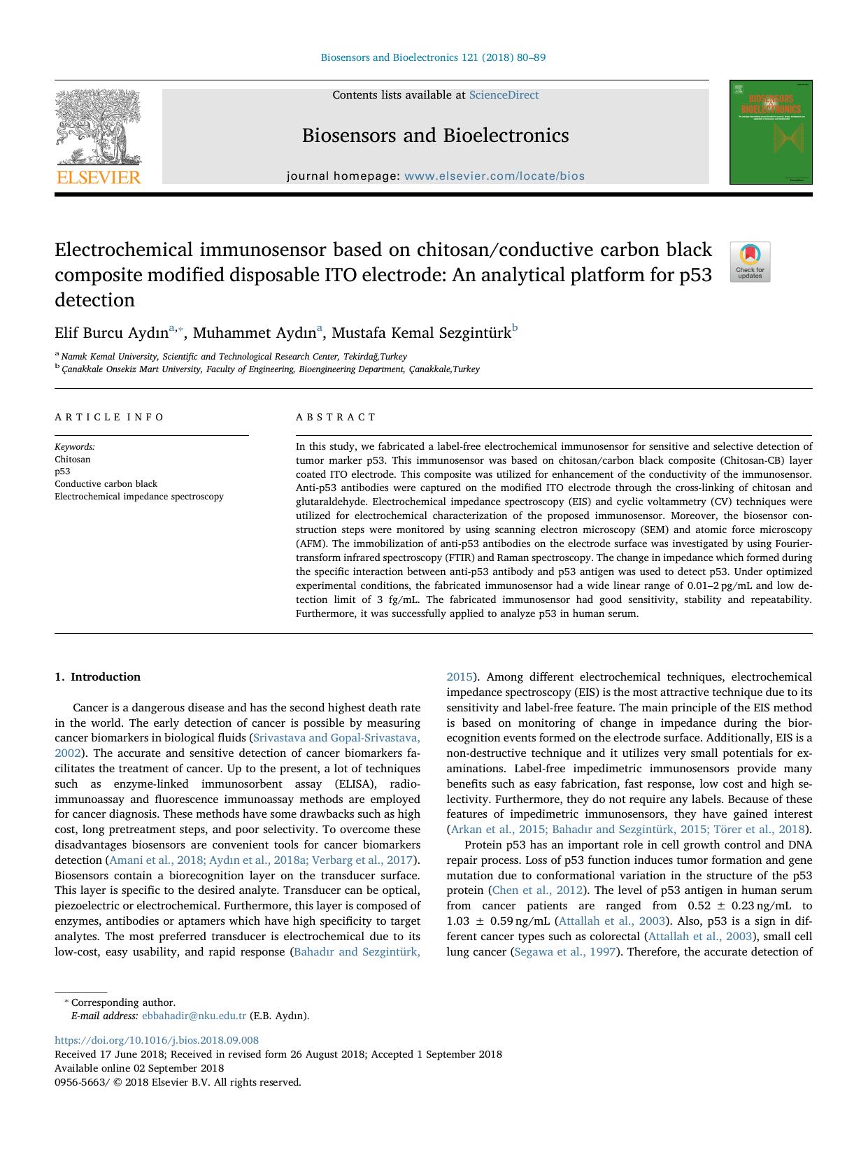 Electrochemical immunosensor based on chitosanconductive carbon black composite modified disposable ITO electrode_ An analytical platform for p53 detection by Elif Burcu Aydın & Muhammet Aydın & Mustafa Kemal Sezgintürk