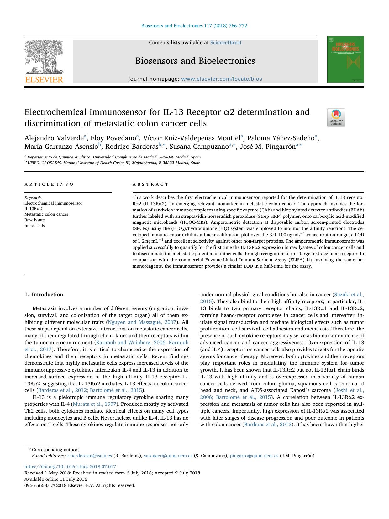 Electrochemical immunosensor for IL-13 Receptor Î±2 determination and discrimination of metastatic colon cancer cells by unknow