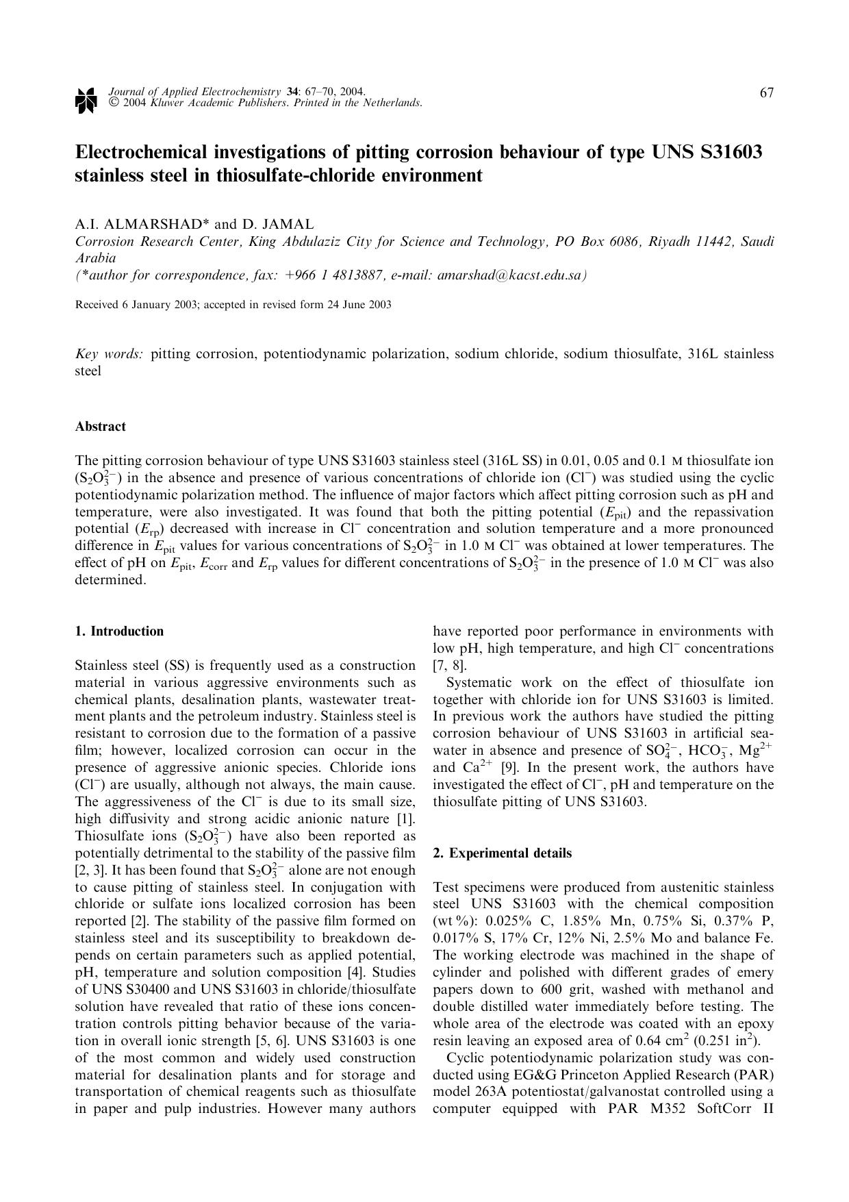 Electrochemical investigations of pitting corrosion behaviour of type UNS S31603 stainless steel in thiosulfate-chloride environment by Unknown