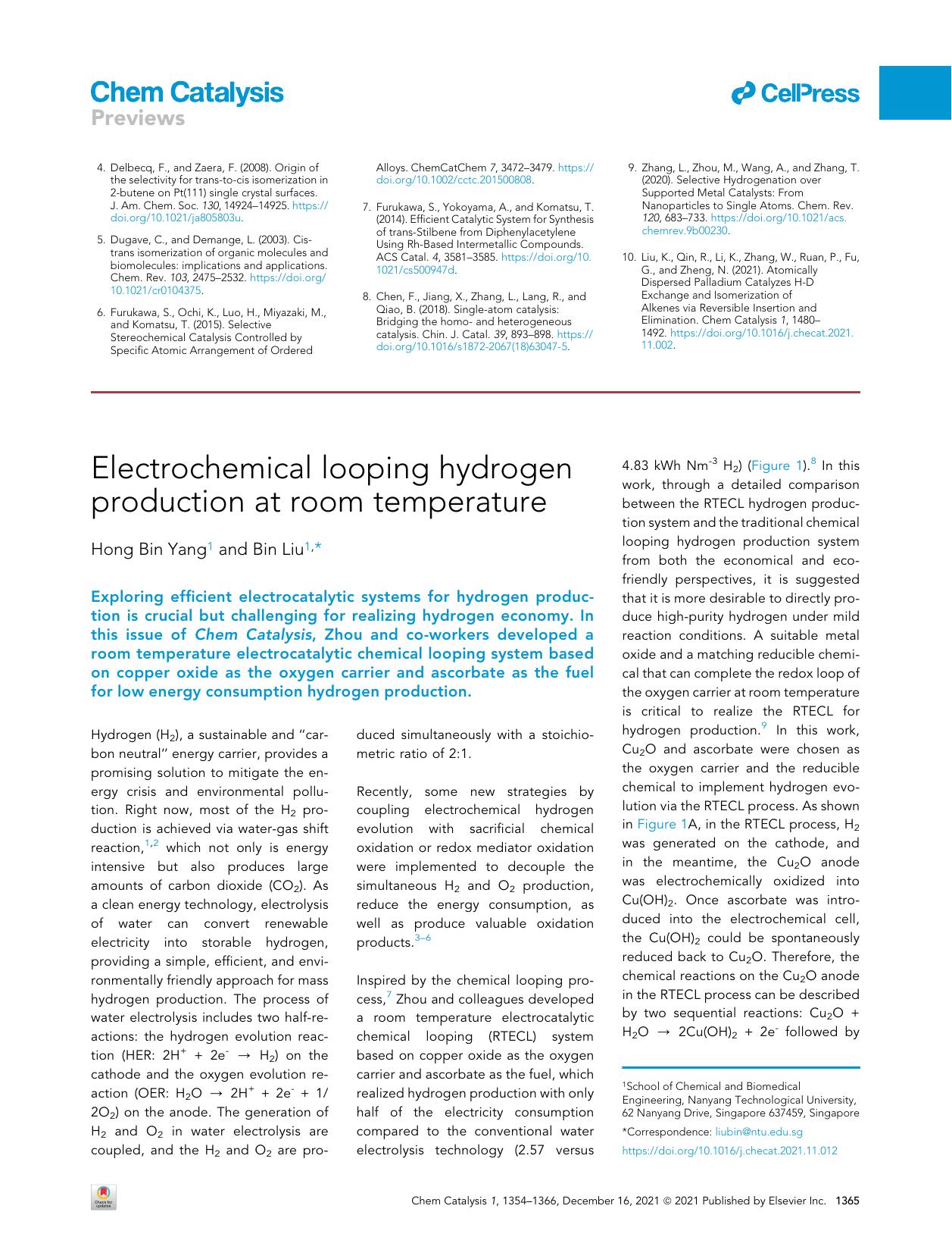 Electrochemical looping hydrogen production at room temperature by Hong Bin Yang & Bin Liu