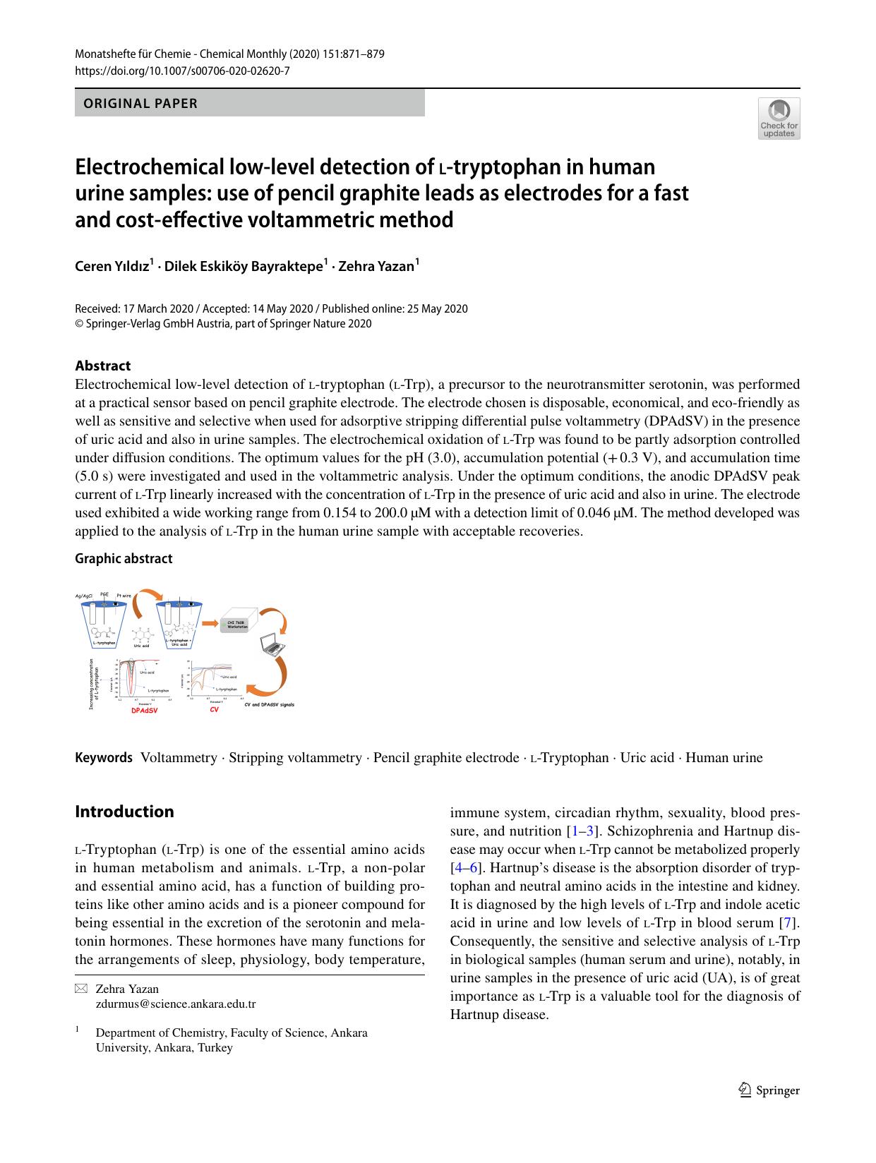 Electrochemical low-level detection of l-tryptophan in human urine samples: use of pencil graphite leads as electrodes for a fast and cost-effective voltammetric method by Ceren Yıldız & Dilek Eskiköy Bayraktepe & Zehra Yazan