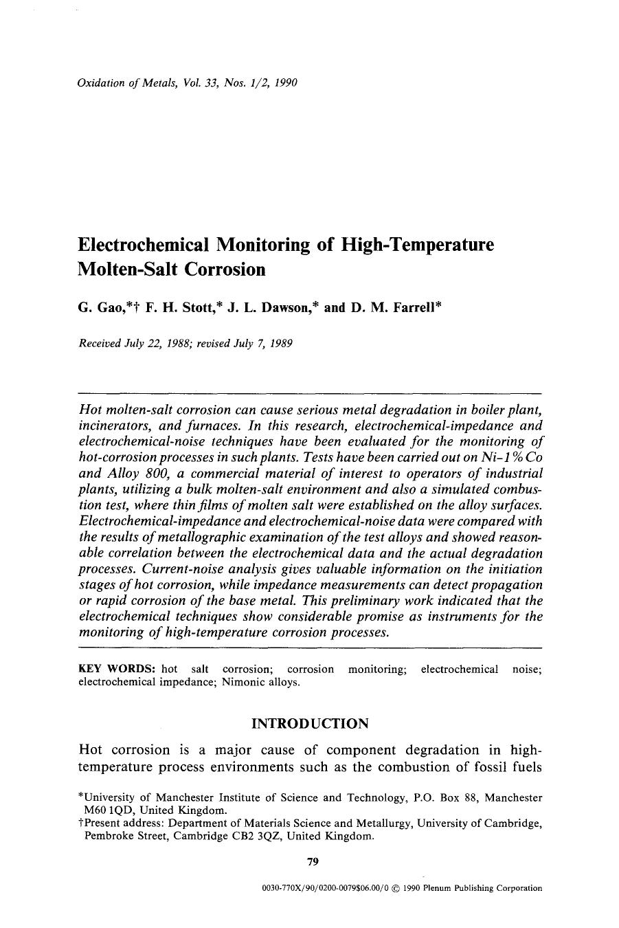 Electrochemical monitoring of high-temperature molten-salt corrosion by Unknown
