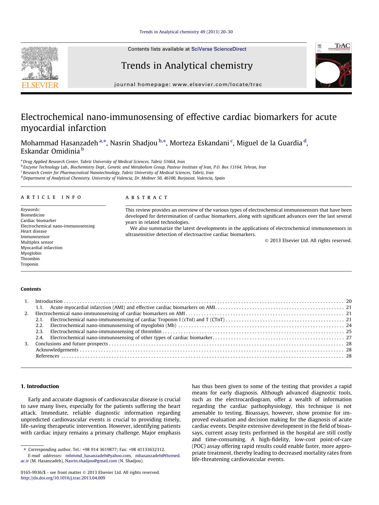 Electrochemical nano-immunosensing of effective cardiac biomarkers for acute myocardial infarction by Mohammad Hasanzadeh & Nasrin Shadjou & Morteza Eskandani & Miguel de la Guardia & Eskandar Omidinia