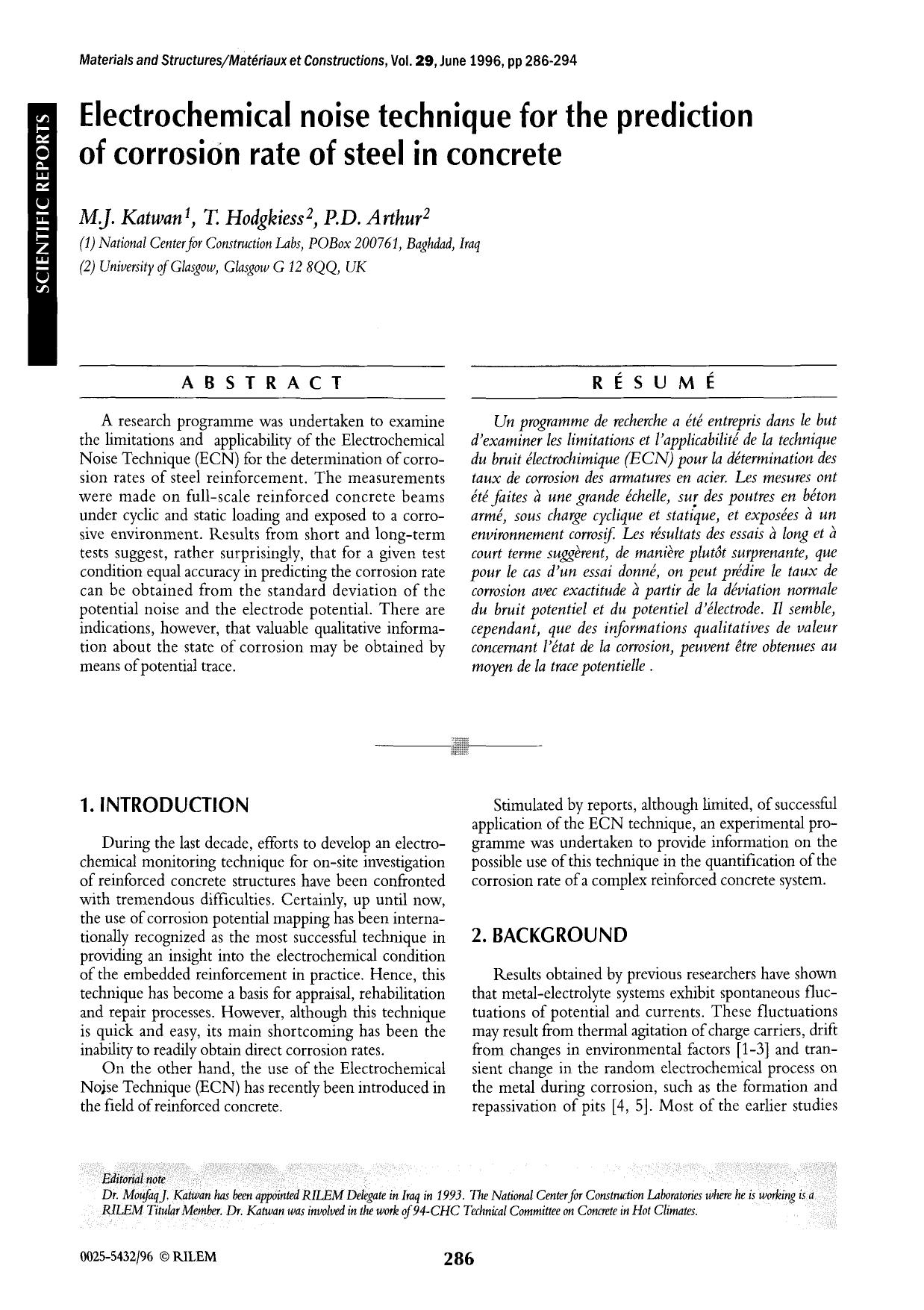 Electrochemical noise technique for the prediction of corrosion rate of steel in concrete by Unknown