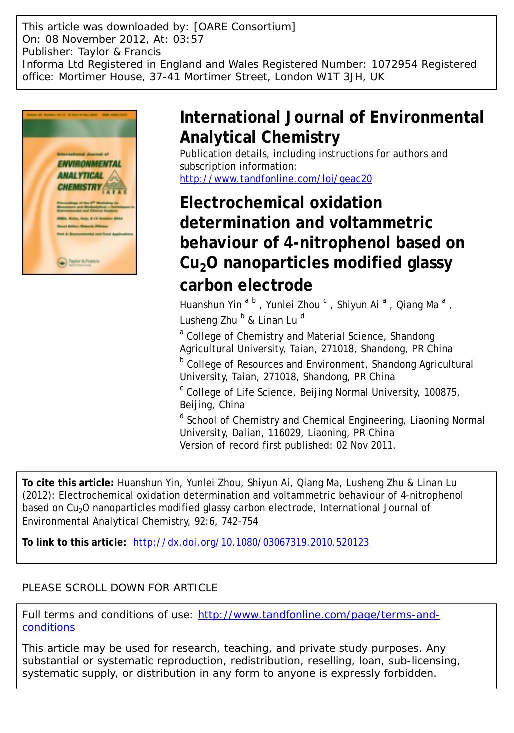 Electrochemical oxidation determination and voltammetric behaviour of 4-nitrophenol based on Cu2O nanoparticles modified glassy carbon electrode by Huanshun Yin Yunlei Zhou Shiyun Ai Qiang Ma Lusheng Zhu & Linan Lu