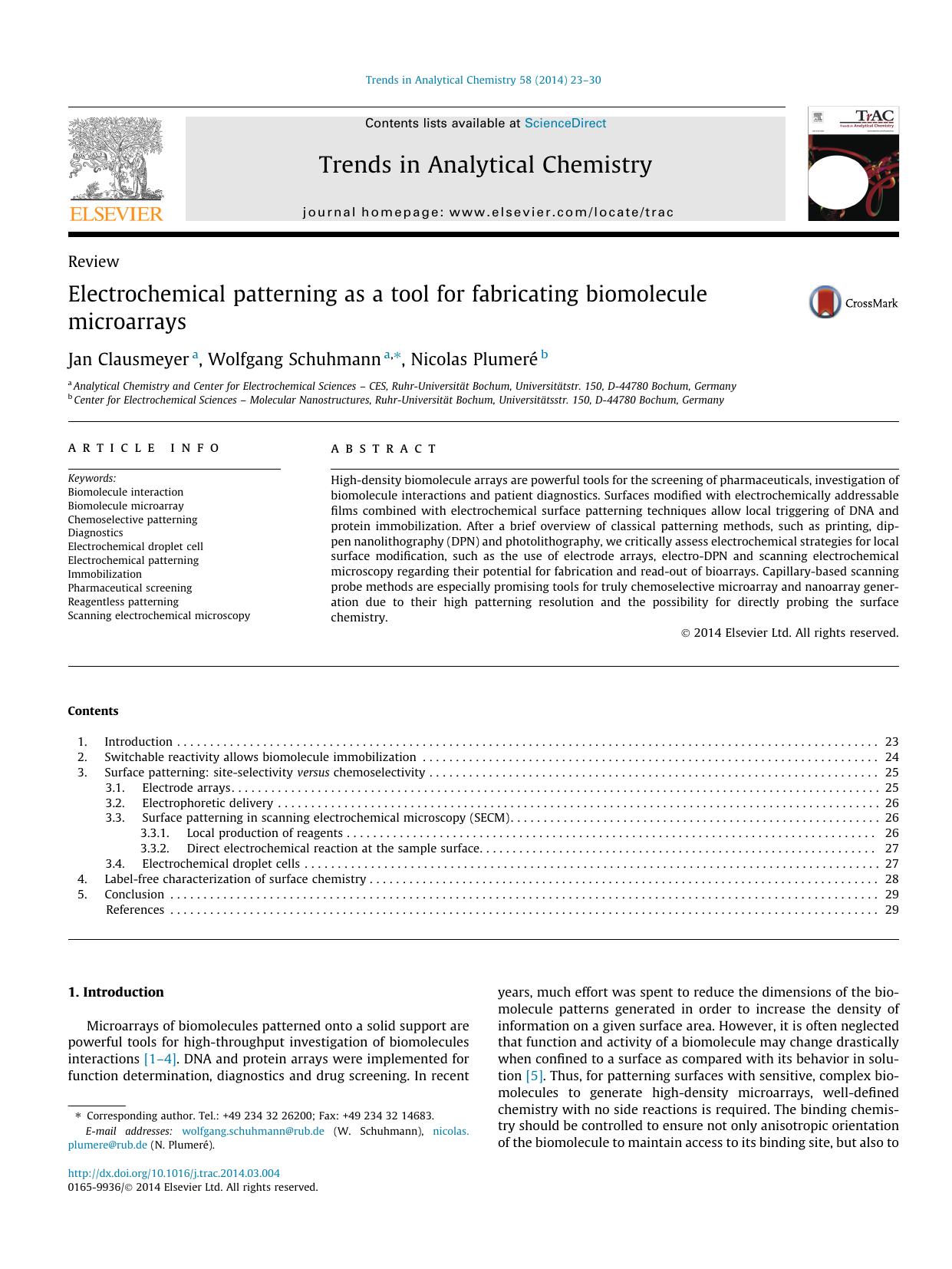 Electrochemical patterning as a tool for fabricating biomolecule microarrays by Jan Clausmeyer & Wolfgang Schuhmann & Nicolas Plumeré