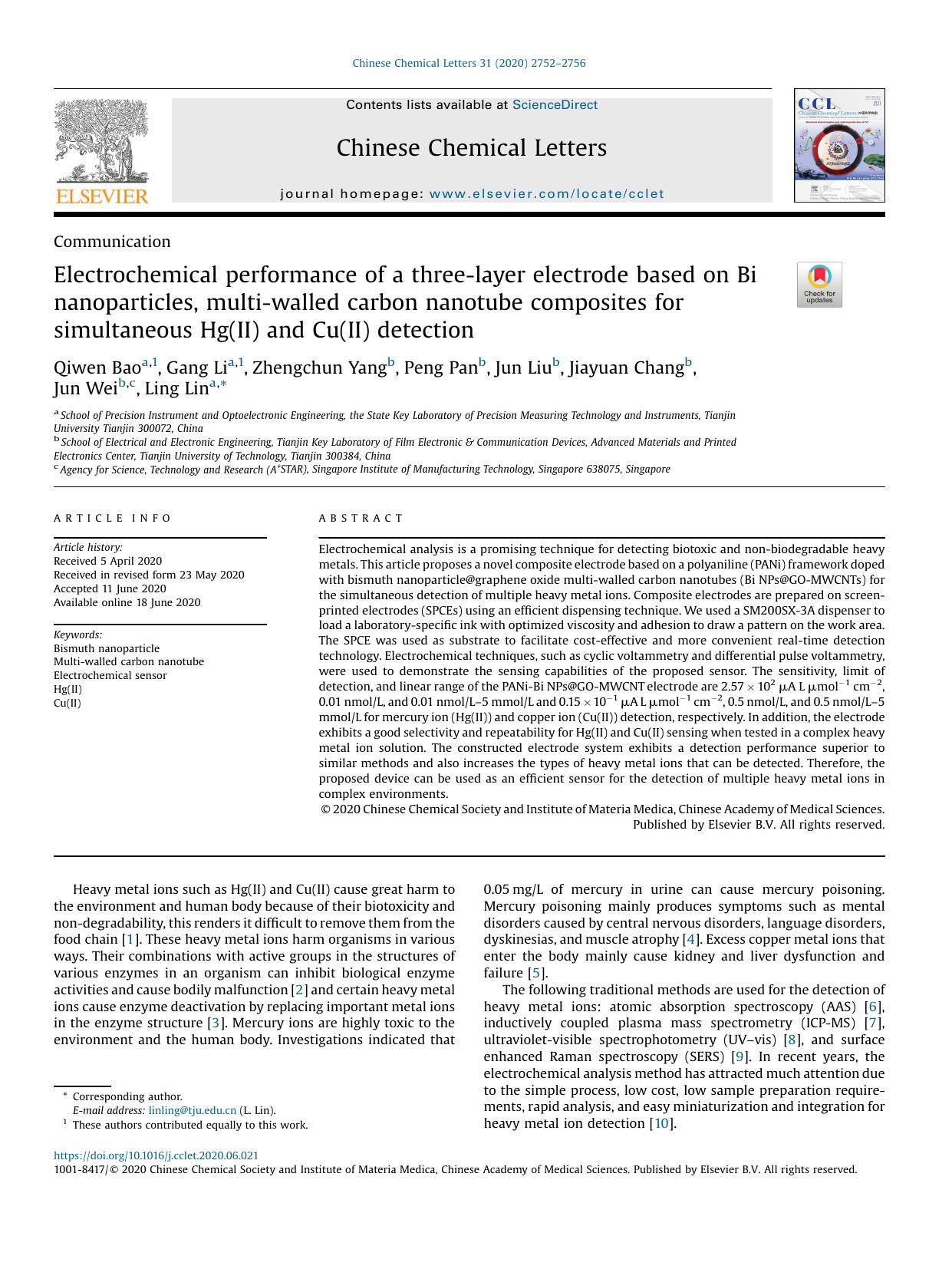 Electrochemical performance of a three-layer electrode based on Bi nanoparticles, multi-walled carbon nanotube composites for simultaneous Hg(II) and Cu(II) detection by Qiwen Bao & Gang Li & Zhengchun Yang & Peng Pan & Jun Liu & Jiayuan Chang & Jun Wei & Ling Lin